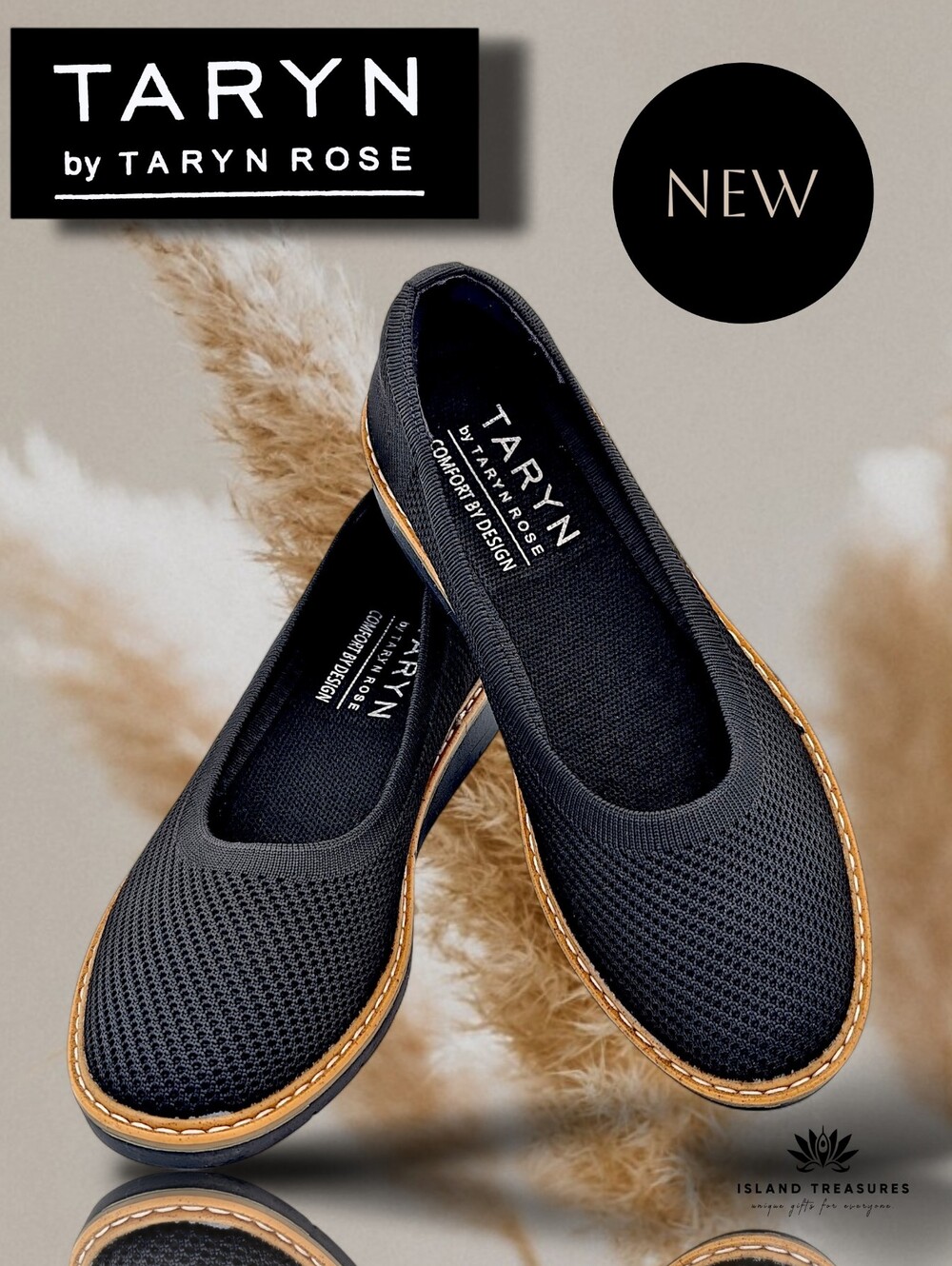 New Taryn Rose Sz 6.5 Black Knit Uppers With Caramel Midsole Trim Slip-On Flats